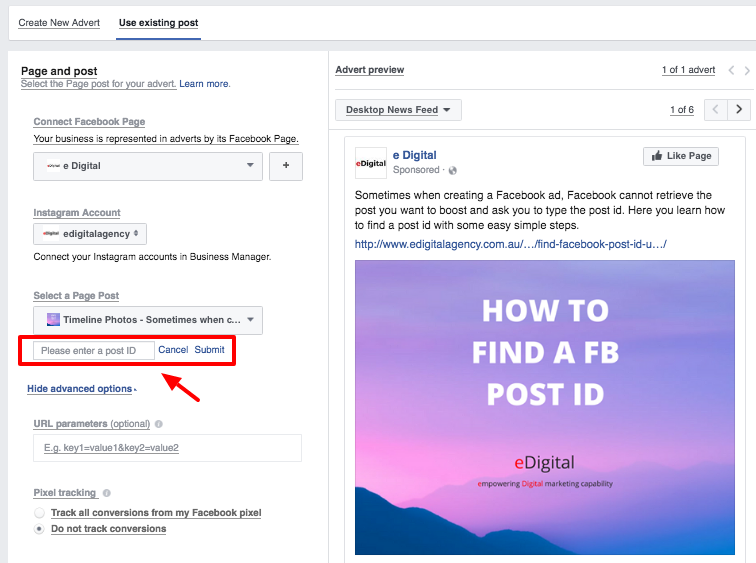 Facebook ads manager asking for post id
