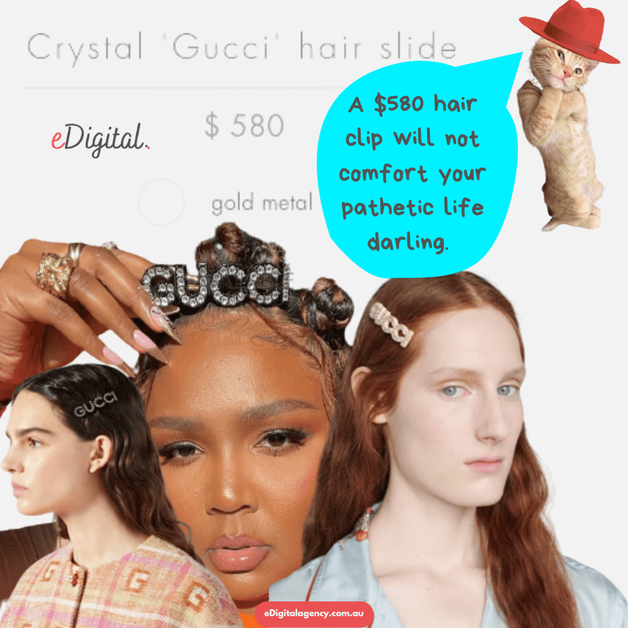 Gucci hair clip slide barrette pathetic life sad women meme Melissa Viviane Jefferson Lizzo