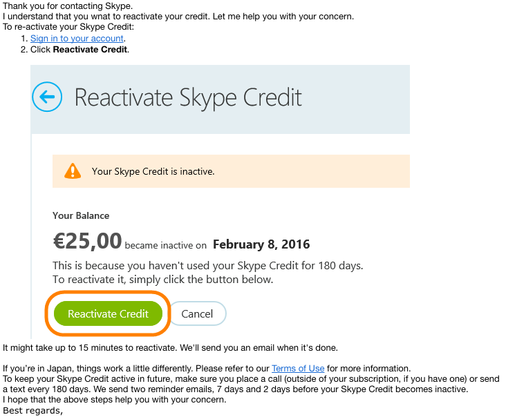 how to reactivate skype credit support email