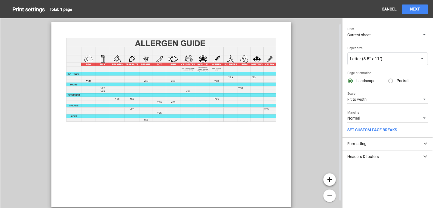 Allergen guide table print friendly fully customisable