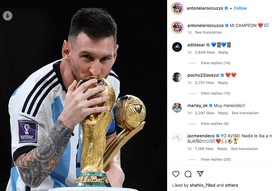 Antonela Roccuzzo Lionel Messi kissing World Cup Instagram post mi campeón