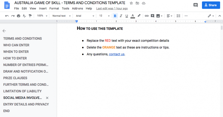 Australia Game of Skill Terms and Conditions Template
