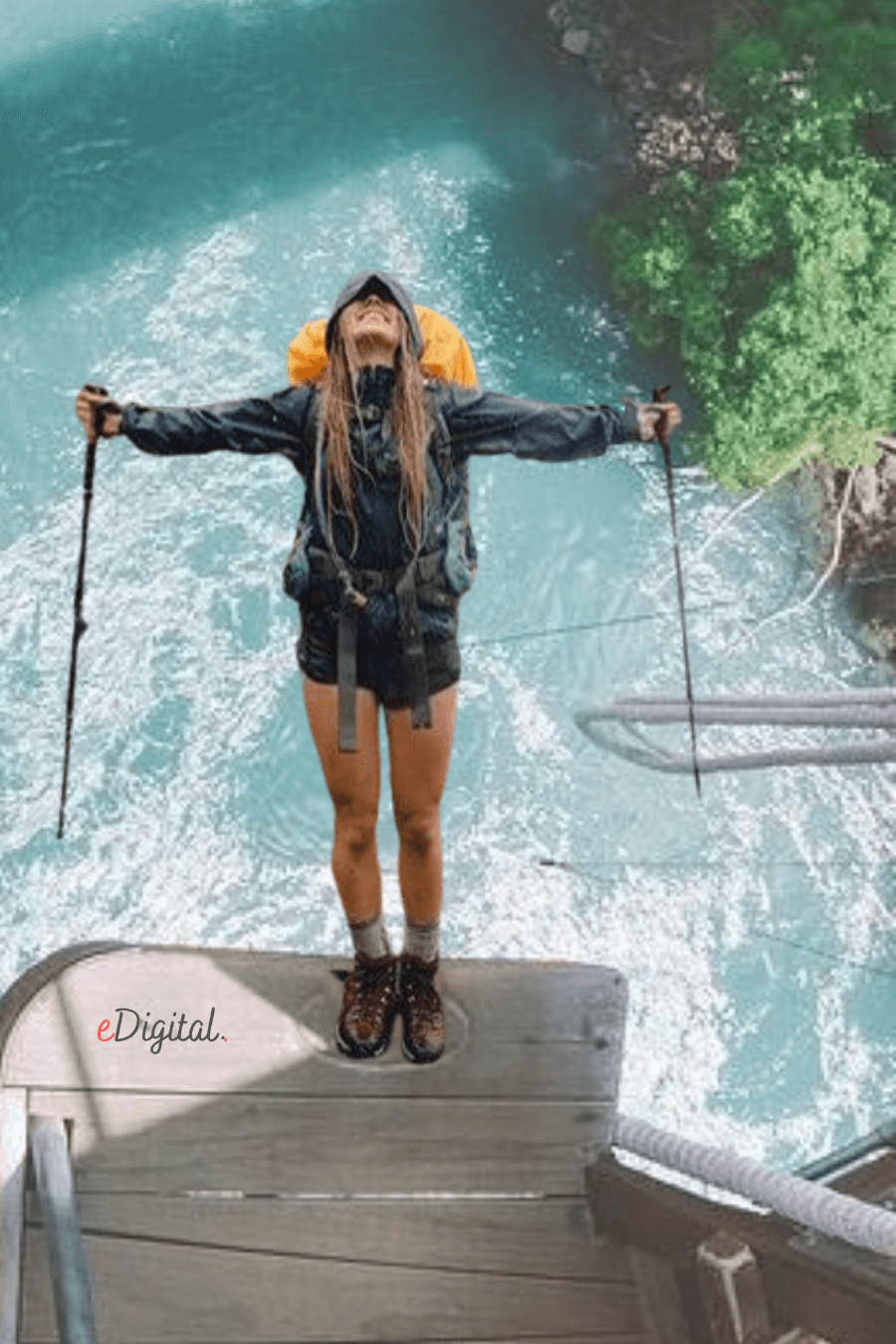 Backpacker girl bungy jumping montage