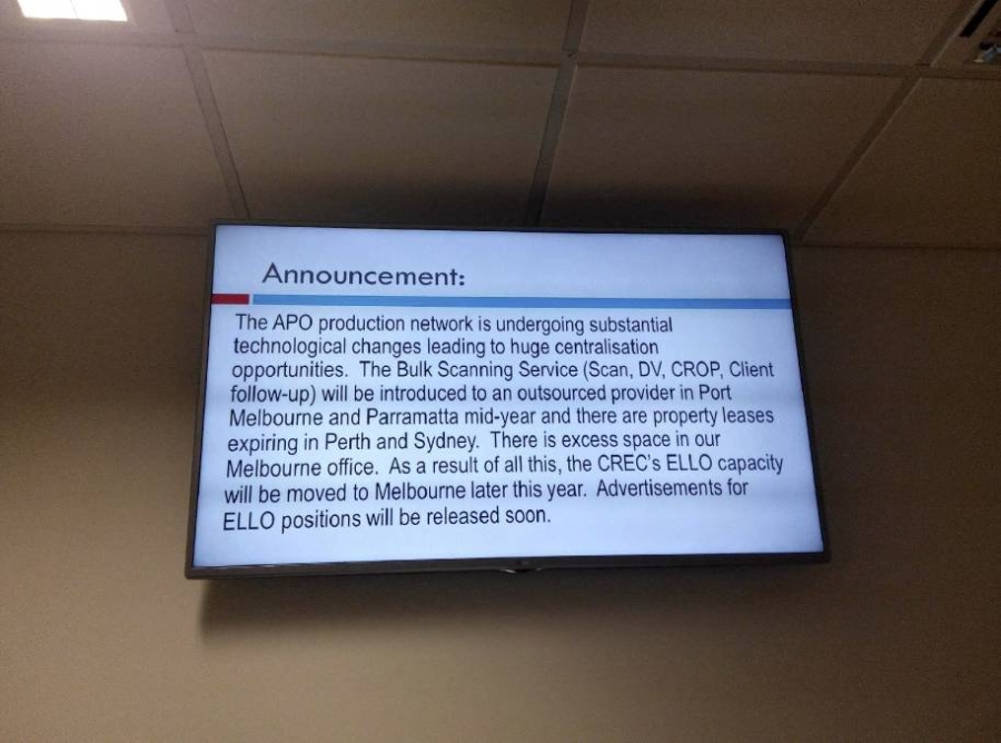 Department of Foreign Affairs and Trade DFAT Canberra office hoax announcement to employees April 2015 TV screen