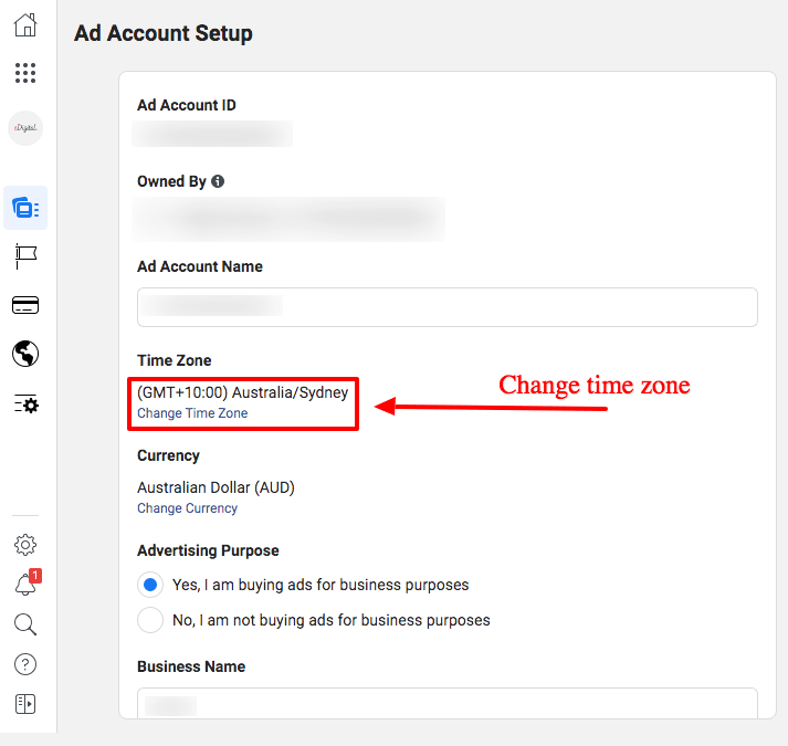 Facebook business suite - Ad Account Set Up page - Change time zone