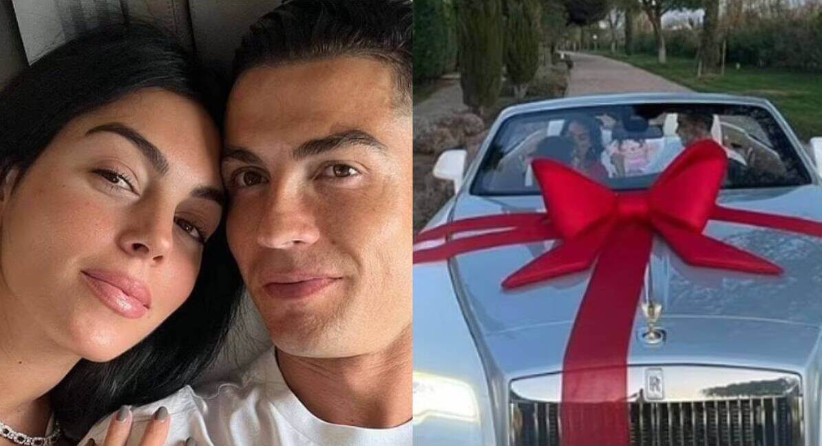 Giorgina Rodríguez new year gift to Cristiano Ronaldo December 2022 white Rolls Royce car red ribbon popular wife couple