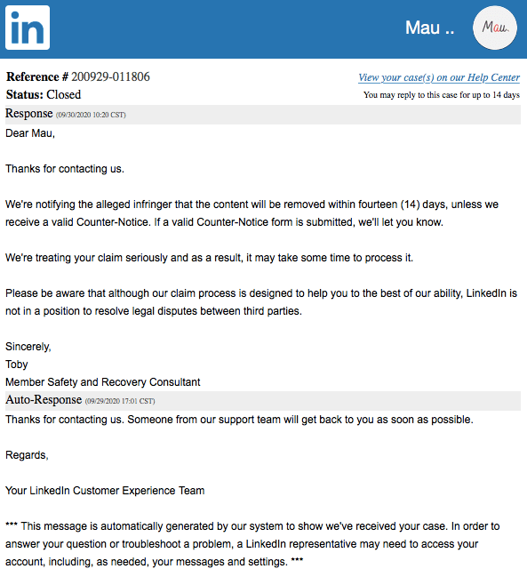 Inaccurate personal profile affiliation to a LinkedIn company page - follow up email within 24 hours