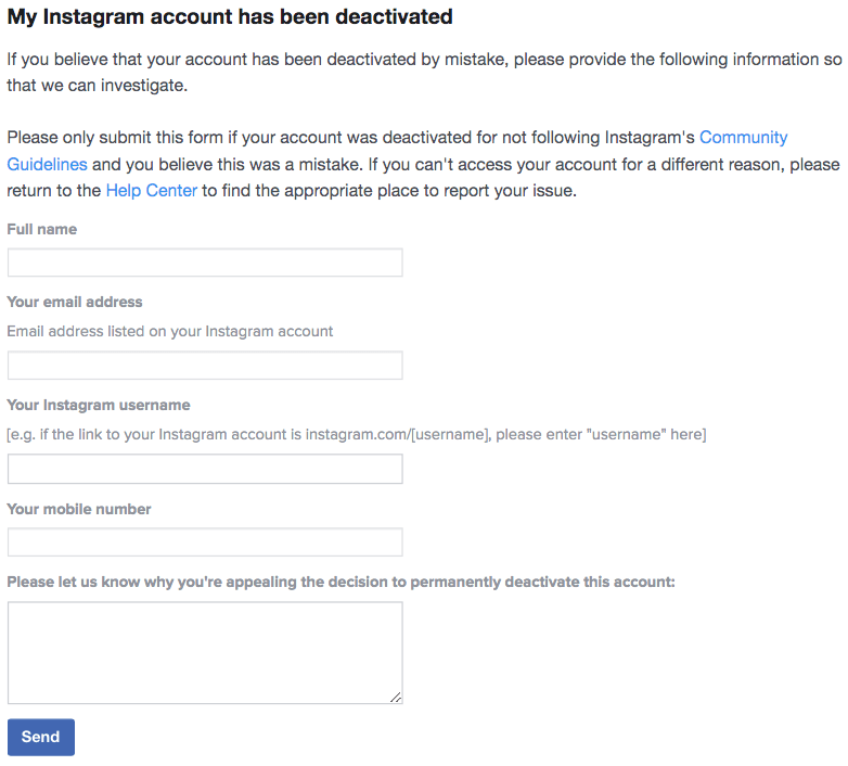 Instagram account activation form