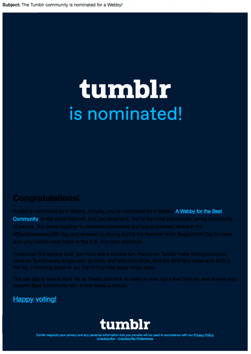 Invite to vote for award bad formatted email went wrong tumblr