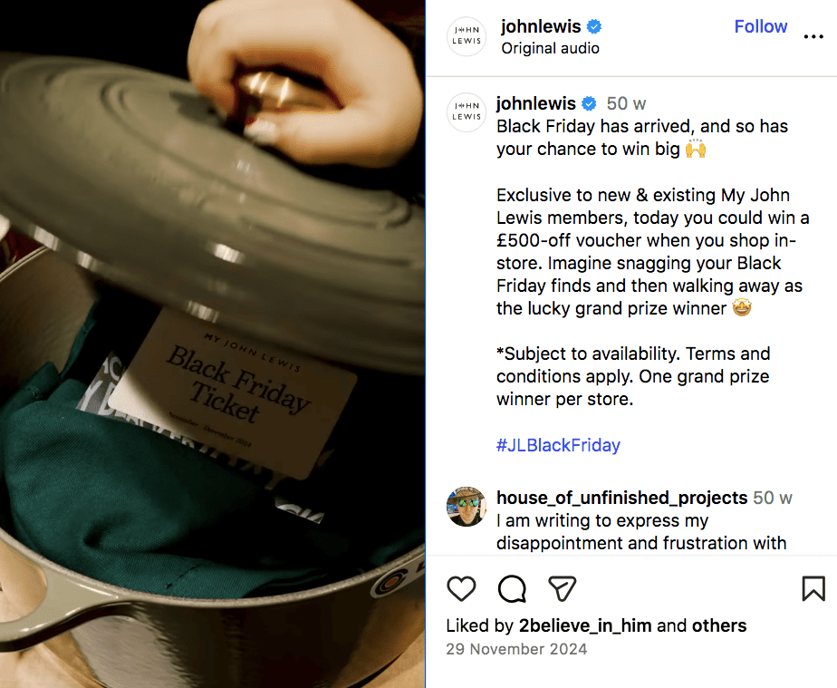 John Lewis Black Friday Instagram reel win a £500-off voucher 2024