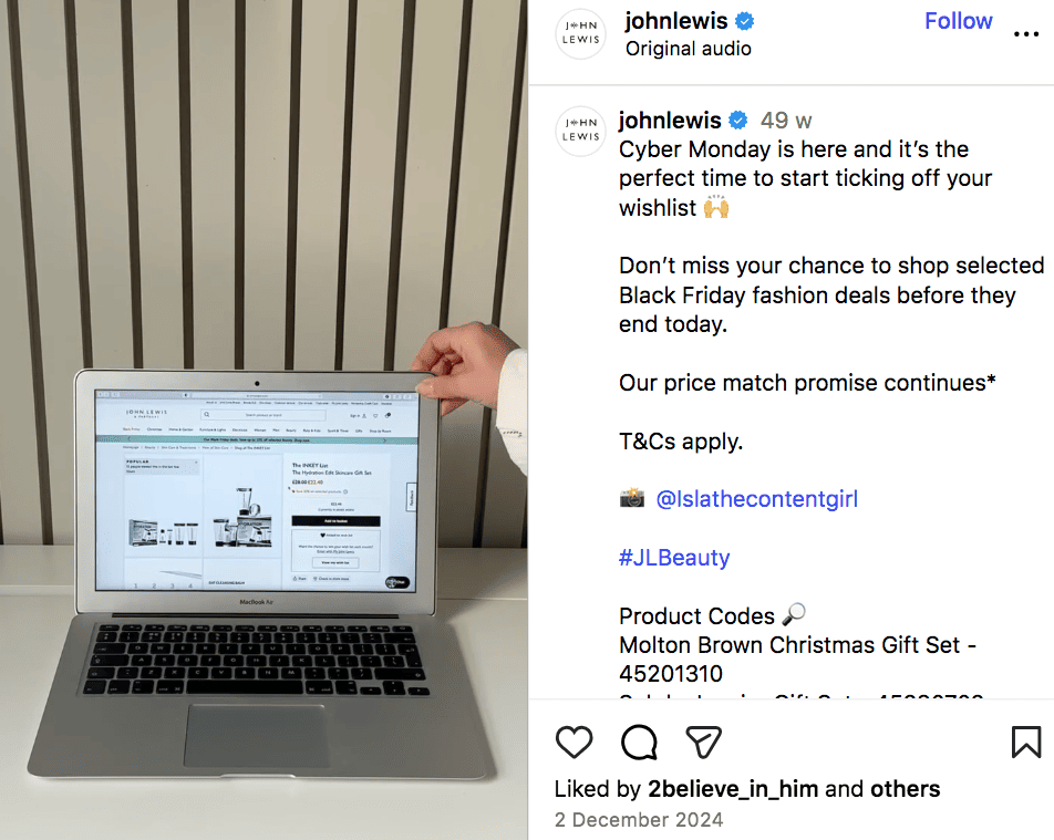John Lewis Cyber Monday deals Instagram reel laptop cosmetics beauty 2024