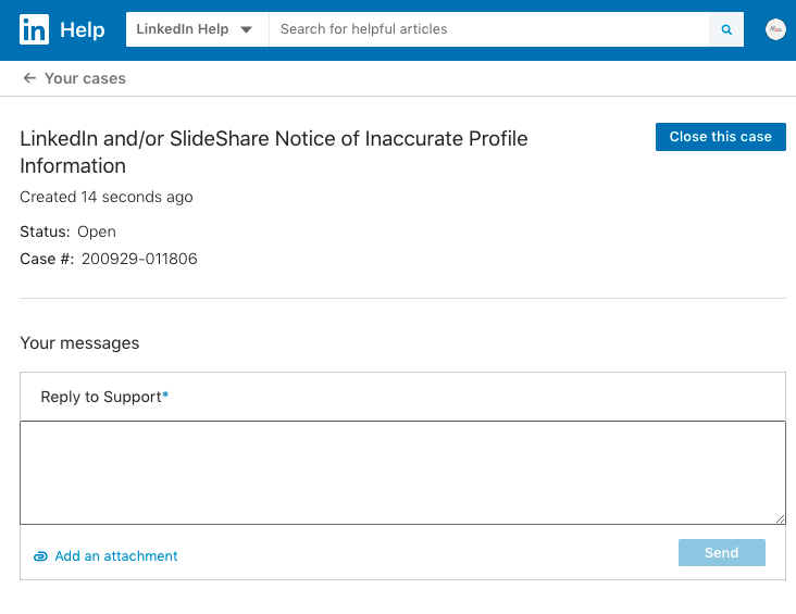 LinkedIn open case screenshot - Notice of Inaccurate Profile Information request