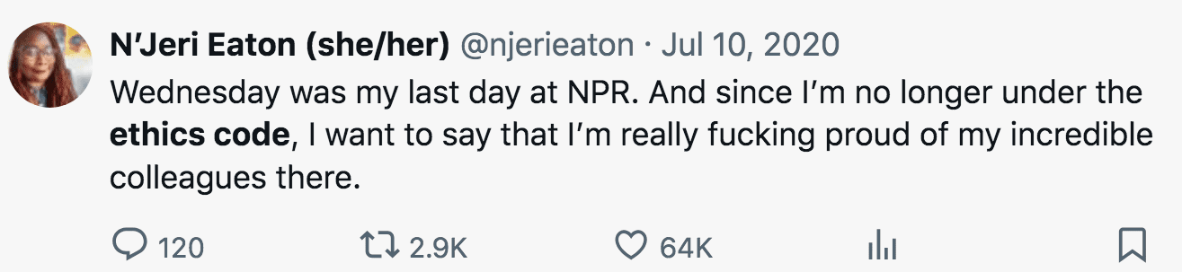 NPR ethics code N’Jeri Eaton last day tweet proud of colleagues