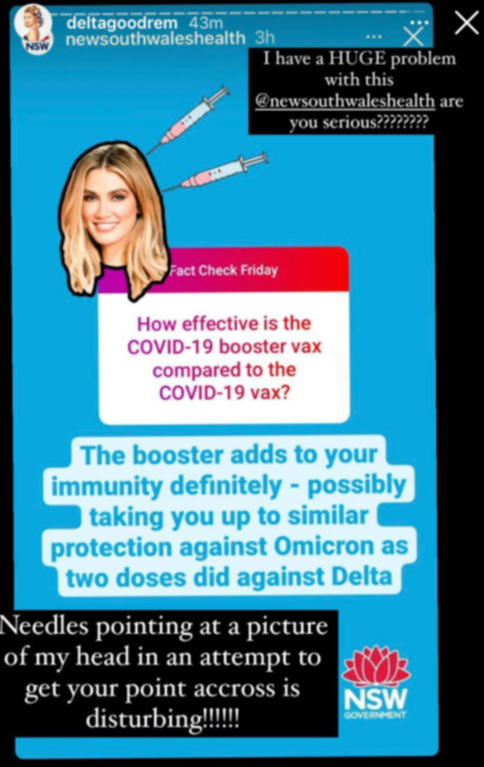 NSW Health Department Delta Goodrem covid social media Instagram post mistake error