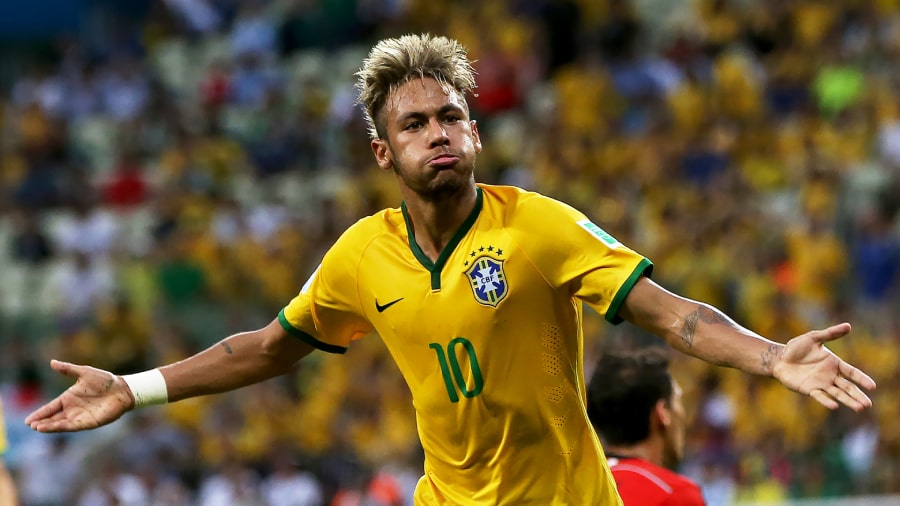 Neymar Jr wallpaper HD photo Brazil shirt 900 x 506 pixels laptop spiky blond hair celebration