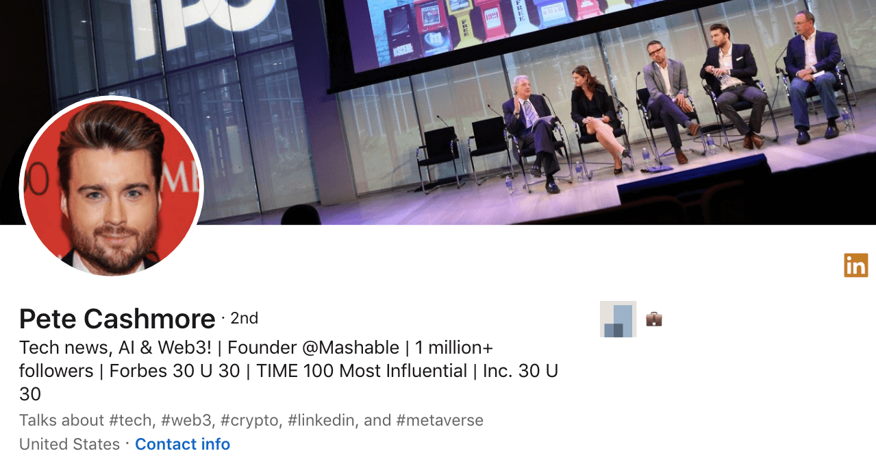 Pete Cashmore Mashable founder Linkedin cover image speaker panel