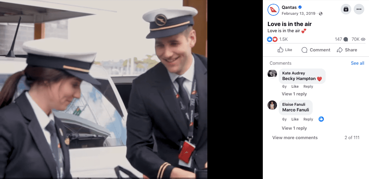 Qantas Facebook post Valentine's Day 2019
