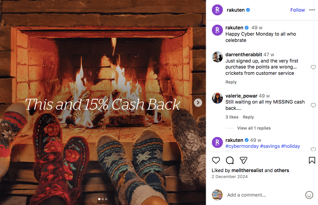 Rakuten happy Cyber Monday cash back Instagram post 2024