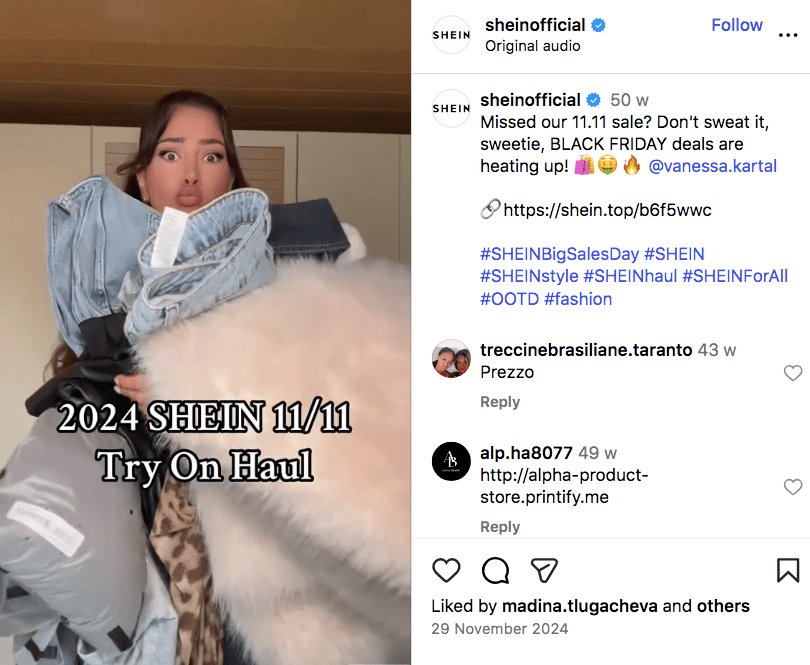 Shein Black Friday deals Instagram reel 2024