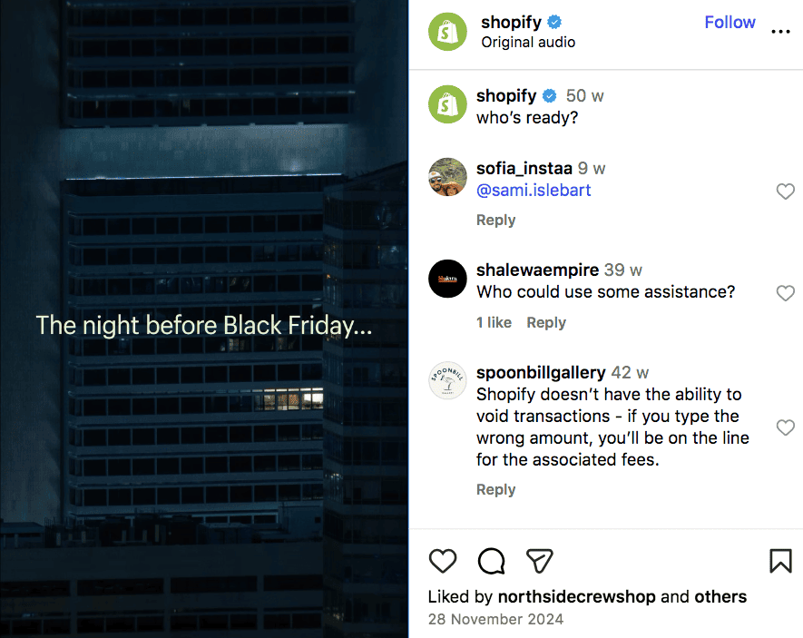 Shopify the night before Black Friday Instagram reel 2024