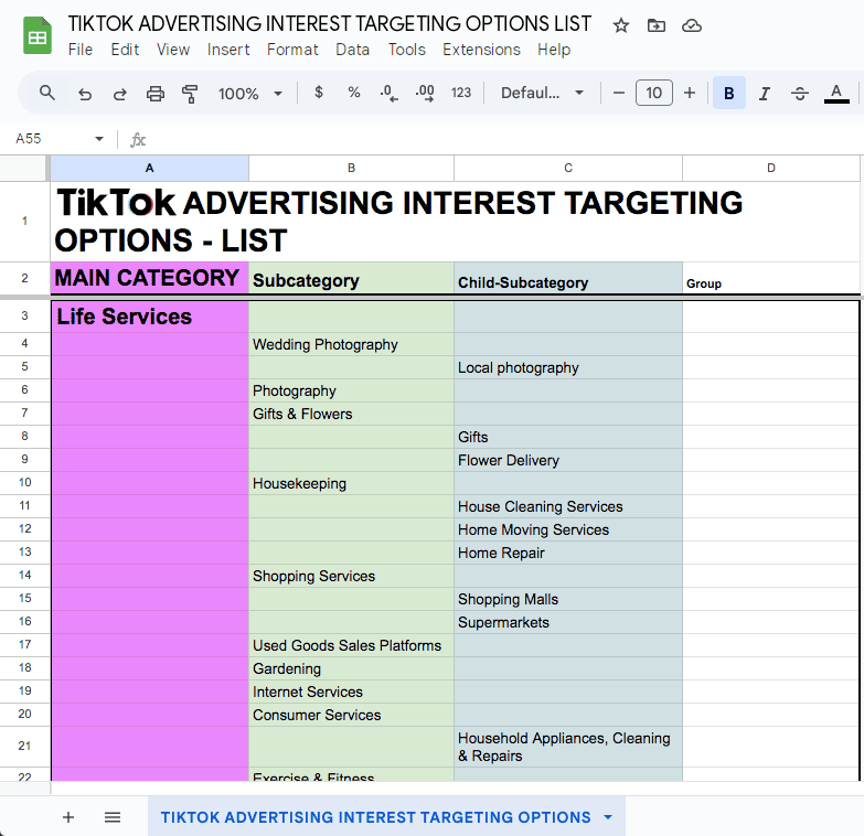 TikTok Advertising Interest Targeting Options list