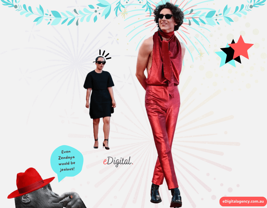 Timothee Chalamet actor Venice Film Festival 2022 Haider Ackermann fashion designer male red backless dress jumpsuit Ray Ban sunglasses scarf black loafers Zendaya chimp funny meme