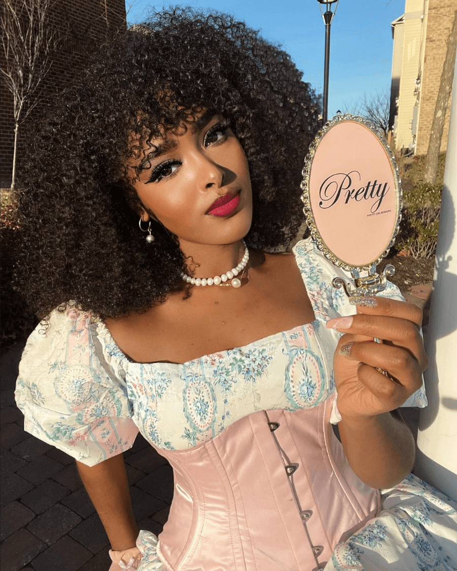 Valentine’s outfit cosplay dress pretty nails makeup black curly hair woman