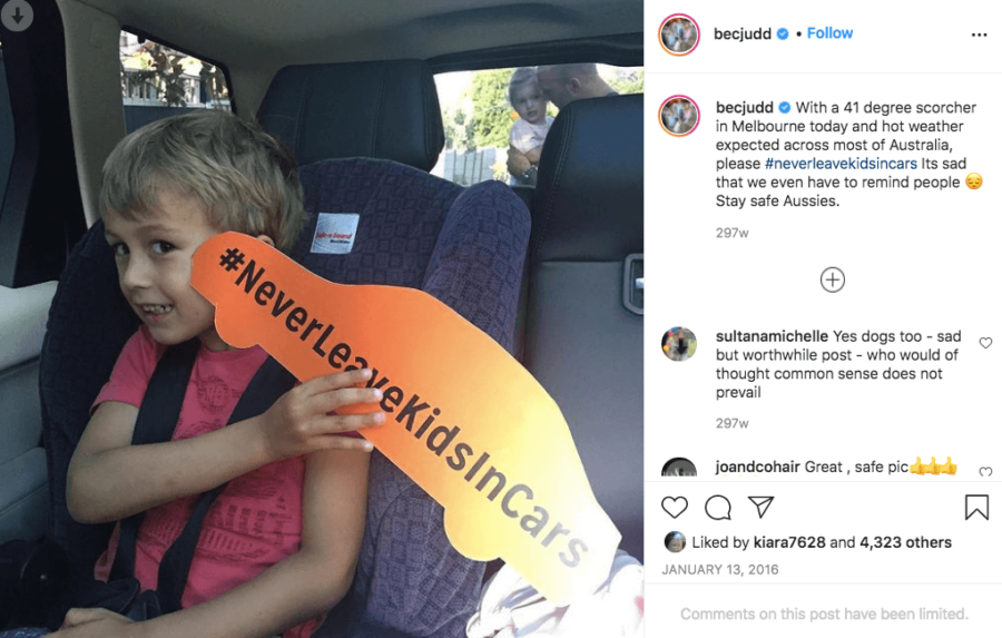 Victoria Government never leave kids in cars campaign Rebecca Judd influencer post Instagram