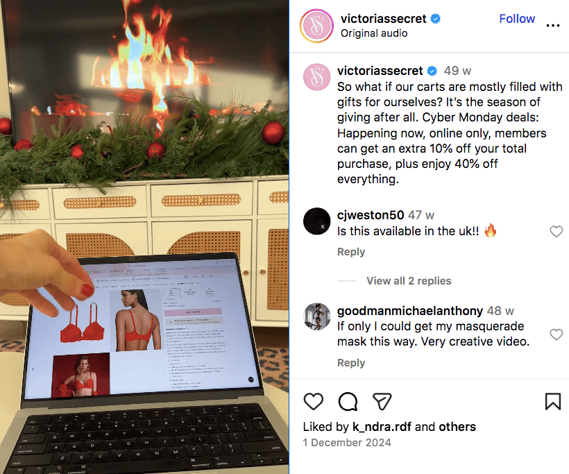 Victoria's Secret Cyber Monday deals 10 percent off Instagram reel online shopping 2024