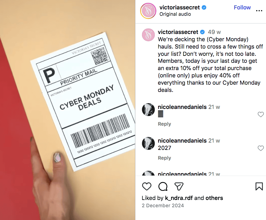 Victoria's Secret Cyber Monday hauls deals Instagram post 2024