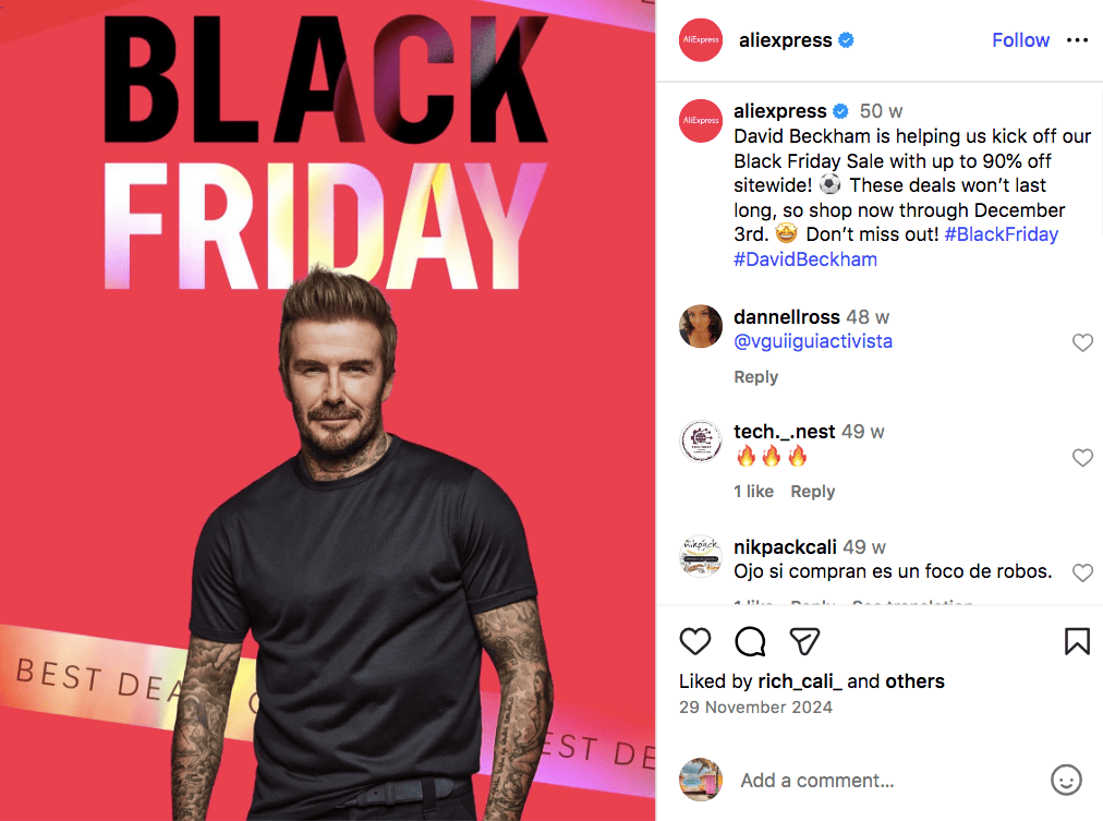 aliexpress Black Friday Sale David Beckham Instagram post 2024