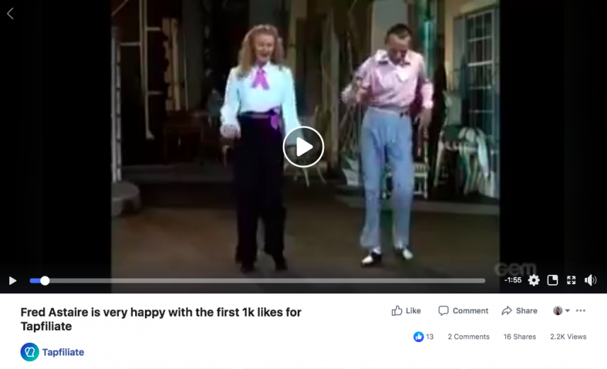 fun video content idea example fred astaire tapaffiliate 1k followers facebook celebration post