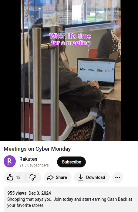 generic funny Cyber Monday video shared by Rakuten