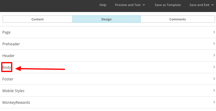 how to change mailchimp email background colour click body