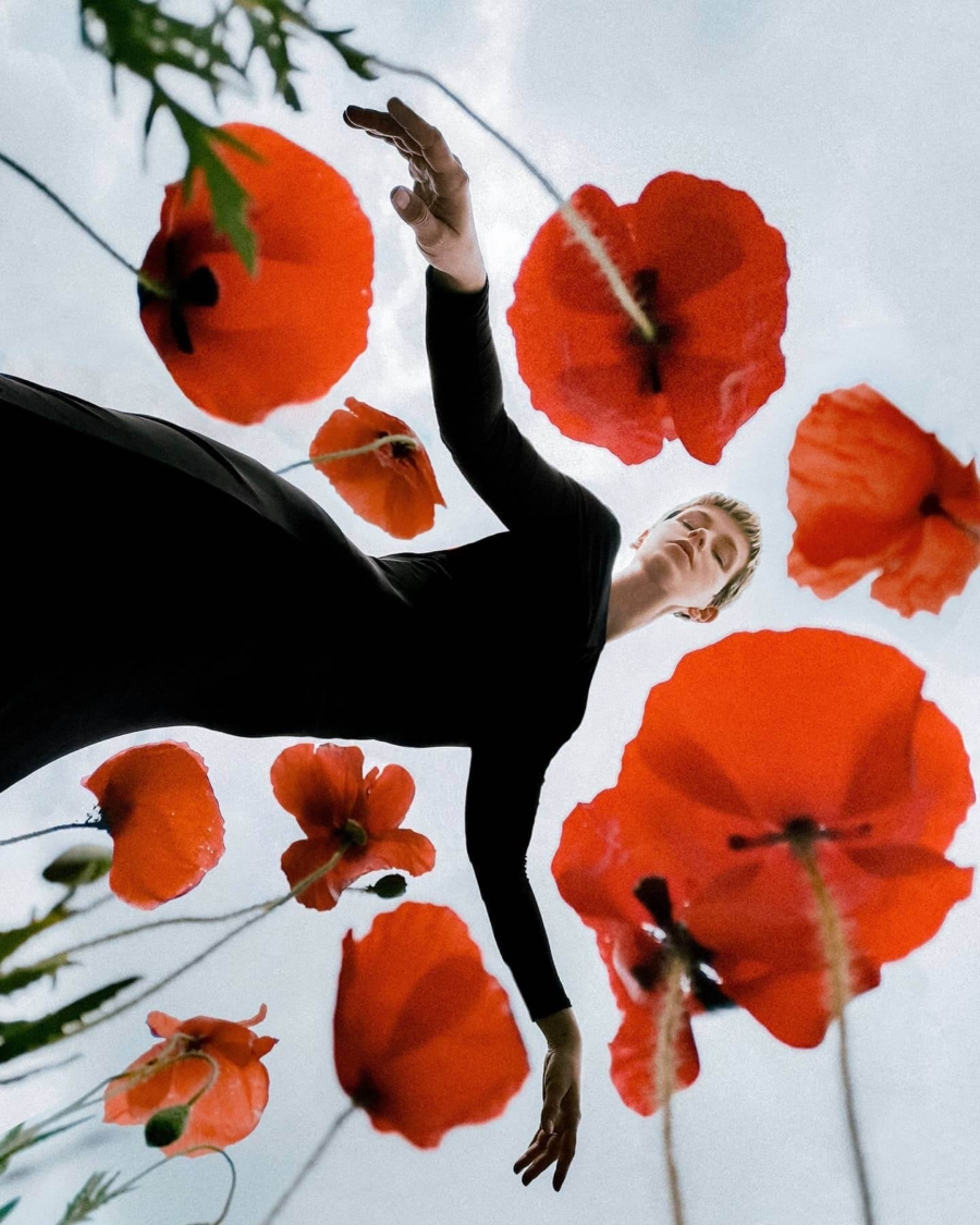 low angle perspective photography woman petals flowers